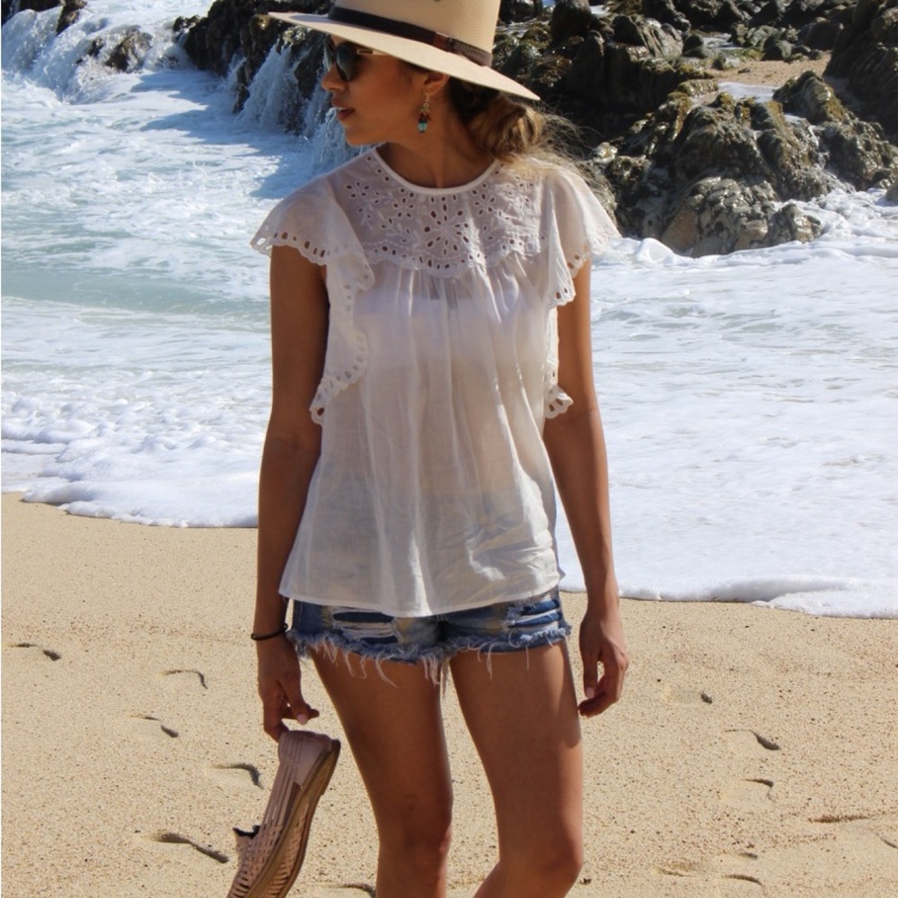 White Eyelet Ruffle Sleeve Top